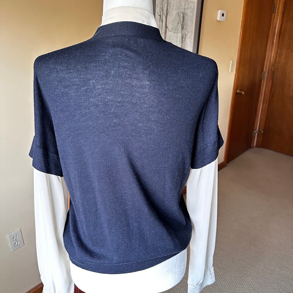 Anthropologie Navy/Cream Layered Tie Neck Sweater Blouse Twee Dark Academia - Picture 4 of 8